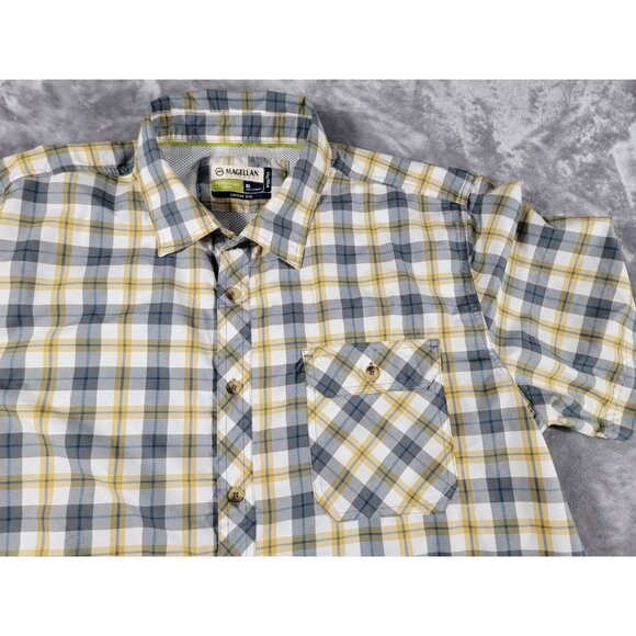 Magellan Adventure Gear vented Shirt XL Gray Yellow Plaid Loose Fit Mag Wick S/S - Picture 1 of 7